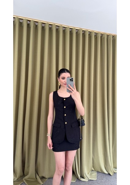 Gold Düğmeli Jakarlı Siyah Takım fırsatları