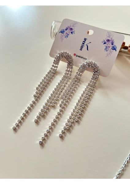 Pırlanta Figürlü Silver Renk Çelik 3'lü Takı Seti (Kolye, Küpe, Bileklik)