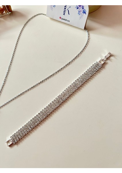 Pırlanta Figürlü Silver Renk Çelik 3'lü Takı Seti (Kolye, Küpe, Bileklik)