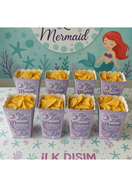 Deniz Kızı Temalı Popcorn Kutusu 8'li | Kullan-At Mısır ve Cips Kutusu | Kız Çocuk Doğum Günü ve Parti Süsü