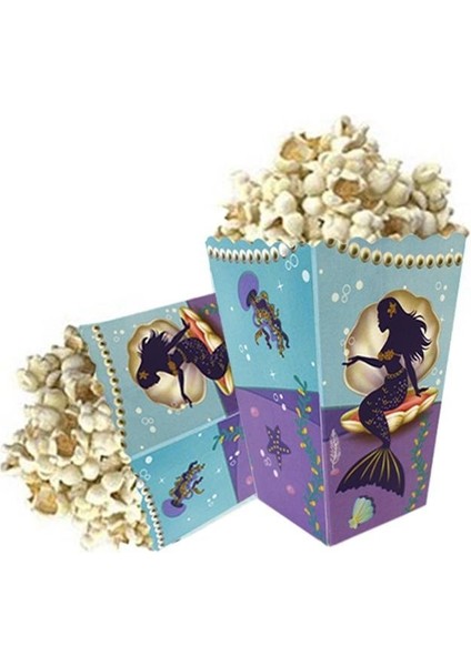 Deniz Kızı Temalı Popcorn Kutusu 8'li | Kullan-At Mısır ve Cips Kutusu | Kız Çocuk Doğum Günü ve Parti Süsü