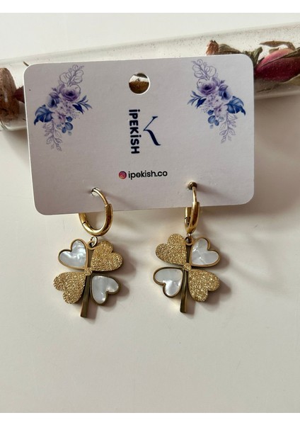Zirkon Taşlı Yonca Figürlü Gold Çelik Kolye ve Küpe Takım