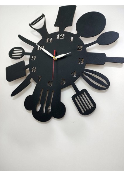 Ahşap Dekoratif Sessiz Duvar Saati, Mutfak Desenli, 40CM Siyah fırsatları