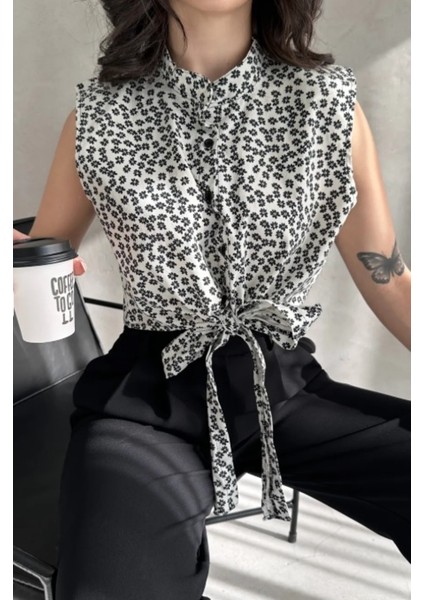 Çiçek Desenli Bağlama Detaylı Crop Gömlek Bluz