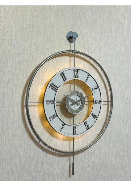 Modern 60X80CM Büyük Camlı Metal Duvar Saati, Krom Toz Boya, Işıklandırmalı