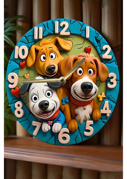 Sessiz Yuvarlak Ahşap Duvar Saati, Kuvars Hareketli, 3D ve 2d Köpek Deseni