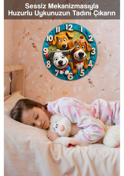 Sessiz Yuvarlak Ahşap Duvar Saati, Kuvars Hareketli, 3D ve 2d Köpek Deseni fırsatları