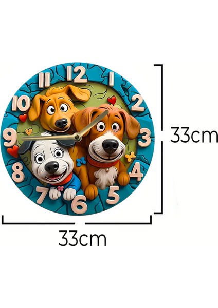 Sessiz Yuvarlak Ahşap Duvar Saati, Kuvars Hareketli, 3D ve 2d Köpek Deseni