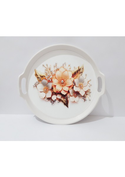 Çay Tepsi 32X34X3 cm Yuvarlak Plastik Çay Tepsisi Sunum Tepsi