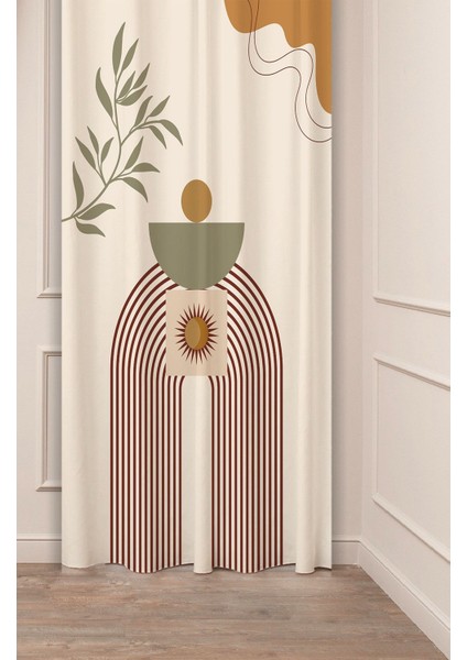 Yaprak Bohem Minimalist Pastel Bej Krem Desenli Özel Tasarım Dijital Baskılı (Tek Kanat) Fon Perde