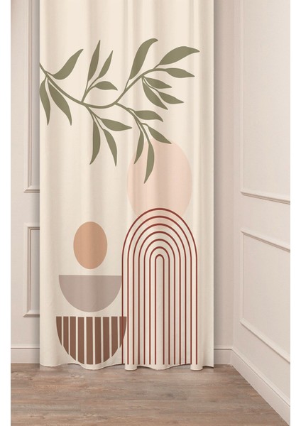 Yaprak Bohem Minimalist Pastel Bej Krem Desenli Özel Tasarım Dijital Baskılı (Tek Kanat) Fon Perde