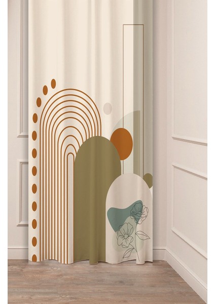 Yaprak Bohem Minimalist Pastel Bej Krem Desenli Özel Tasarım Dijital Baskılı (Tek Kanat) Fon Perde