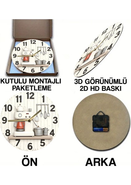 Mutfak Temalı Mdf Duvar Saati, Sessiz Mekanizma, 3D Görünüm, Şık ve Modern Tasarım indirimleri