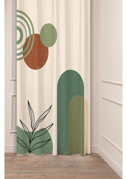 Yaprak Bohem Minimalist Pastel Bej Krem Desenli Özel Tasarım Dijital Baskılı (Tek Kanat) Fon Perde