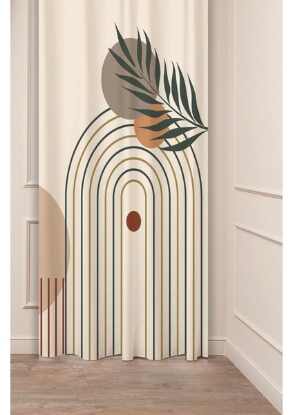 Yaprak Bohem Minimalist Pastel Bej Krem Desenli Özel Tasarım Dijital Baskılı (Tek Kanat) Fon Perde