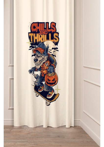 Chills Thrills Kurt Bej Krem Desenli Özel Tasarım Dijital Baskılı (Tek Kanat) Modern Şık Fon Perde