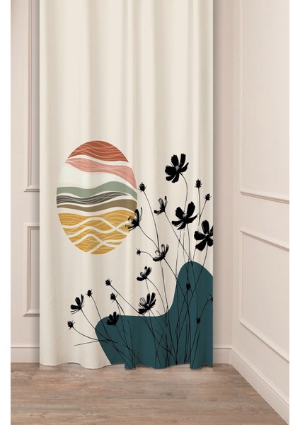 Çiçek Bohem Minimalist Pastel Bej Soft Desenli Özel Tasarım Dijital Baskılı (Tek Kanat) Fon Perde