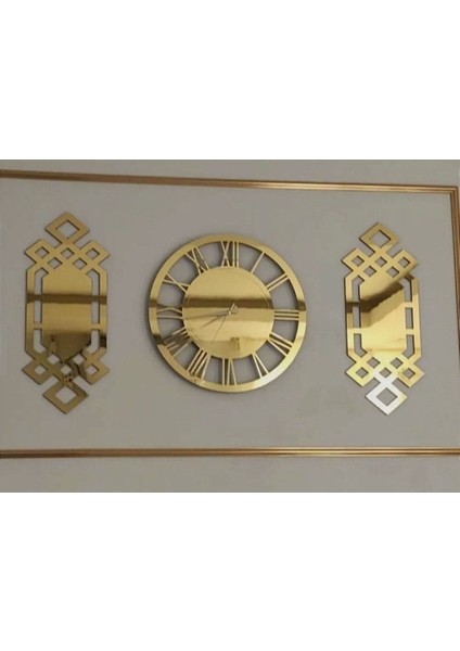 Şık 3'lü Pleksi Altın Aynalı Duvar Saati ve Dekor Seti
