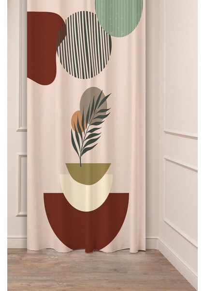 Yaprak Bohem Minimalist Pastel Bej Krem Desenli Özel Tasarım Dijital Baskılı (Tek Kanat) Fon Perde