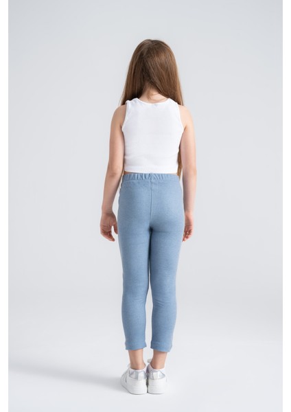 Rahat Giyilen Kız Çocuk Taytı Mavi Denim Görünümlü Esnek Tüylenmez