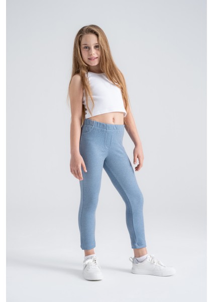 Rahat Giyilen Kız Çocuk Taytı Mavi Denim Görünümlü Esnek Tüylenmez