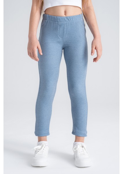 Rahat Giyilen Kız Çocuk Taytı Mavi Denim Görünümlü Esnek Tüylenmez