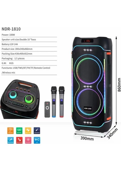 Pazaraza NDR-1810 Bluetooth Hopralör Radyolu LED Işıklı 100RMS Ses Canavarı