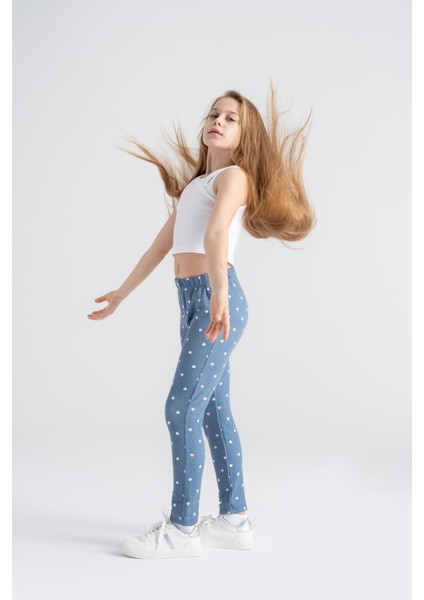 Rahat Giyilen Kız Çocuk Taytı Kalp Desenli Mavi Denim, Esnek Tüylenmez