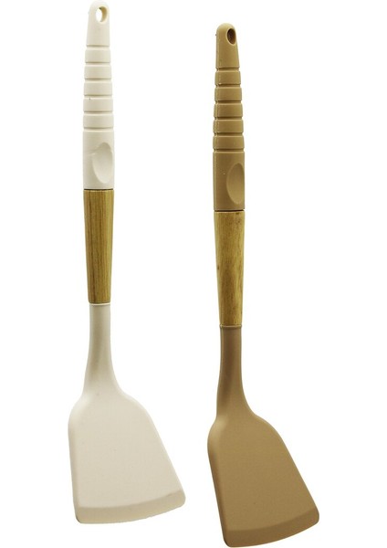 Silikon Spatula Eğik Ahşap Bambu Sap - Silikon Kılıflı 32CM