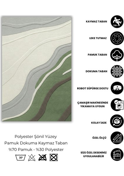 Dalga Desenli Modern Yeşil Halı Dijital Baskılı Dokuma Kaymaz Tabanlı Yıkanabilir Salon Halısı