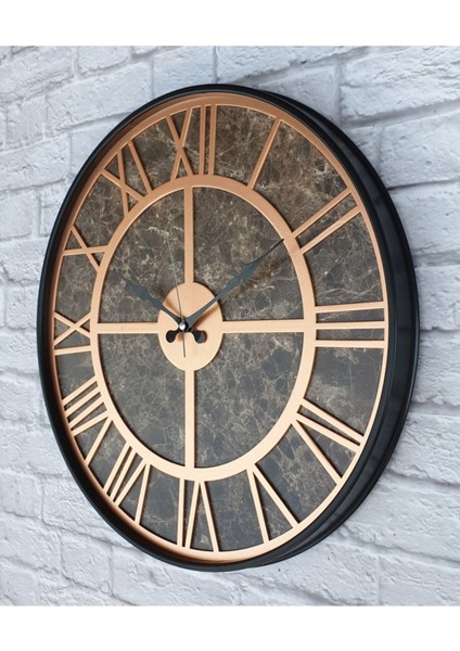 Mermer Desenli Bakır Renkli Metal Çerçeveli 50 cm Duvar Saati