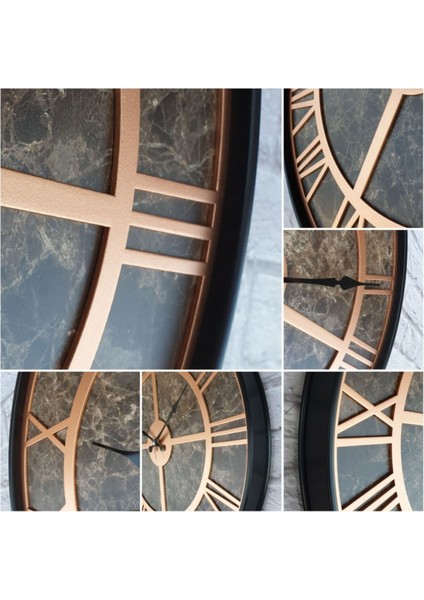Mermer Desenli Bakır Renkli Metal Çerçeveli 50 cm Duvar Saati indirimleri