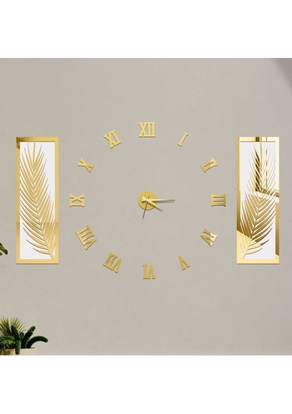 3 Parçalı Duvar Saati Seti, Akrilik Pleksi Aynalı Palmiye Yapraklar Ve Roma R. Saat
