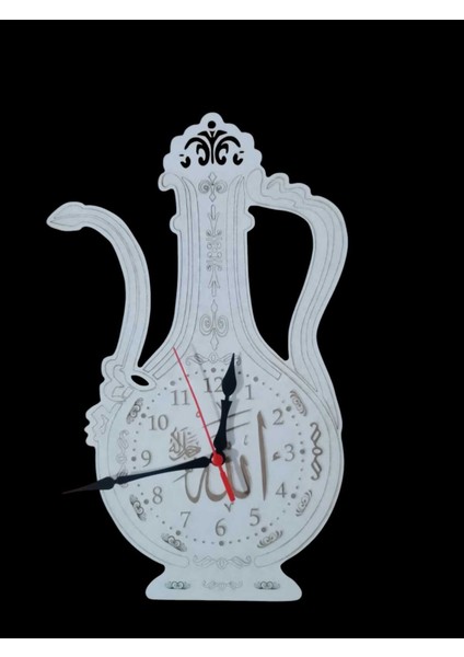 Beyaz Ibrik ve Ayet Desenli Şık Duvar Saati, Modern ve Şık Tasarım