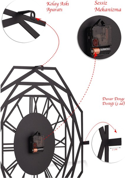 Modern 50CM Siyah Metal Duvar Saati, Sessiz Mekanizma