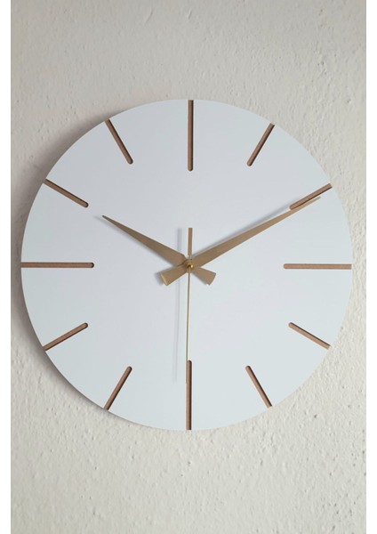 El Yapımı Ahşap Duvar Saati, Minimal Tasarım, Gri, Beyaz ve Altın Detaylar