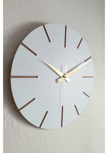 El Yapımı Ahşap Duvar Saati, Minimal Tasarım, Gri, Beyaz ve Altın Detaylar fiyatları