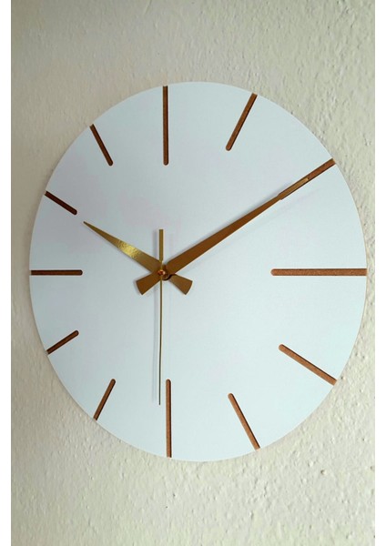 El Yapımı Ahşap Duvar Saati, Minimal Tasarım, Gri, Beyaz ve Altın Detaylar modelleri