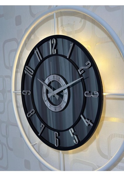 Büyük Metal Camlı Duvar Saati 60X80 Cm, Işıklı, Gerçek Cam, Beyaz-Füme-Siyah-Gümüş