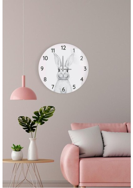 Şık 27 cm Tavşan Temalı Cam Duvar Saati, Beyaz Renk