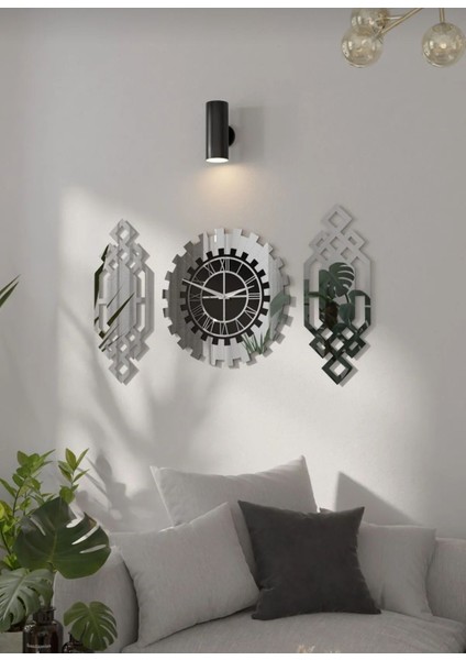 Modern Gümüş Renk Duvar Saati 3'lü Set 80X50 Cm, Şık ve Fonksiyonel Dekor.