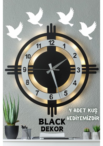 Modern Sessiz Işıklı Duvar Saati, Şık ve Dekoratif 48 cm Beyaz ve Siyah Tasarım