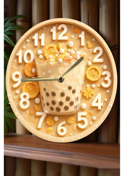 Ahşap Yuvarlak Duvar Saati, Sessiz Kuvars Tasarım, Bubble Tea Temalı, Dekorasyon