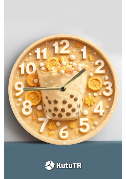Ahşap Yuvarlak Duvar Saati, Sessiz Kuvars Tasarım, Bubble Tea Temalı, Dekorasyon fiyatları
