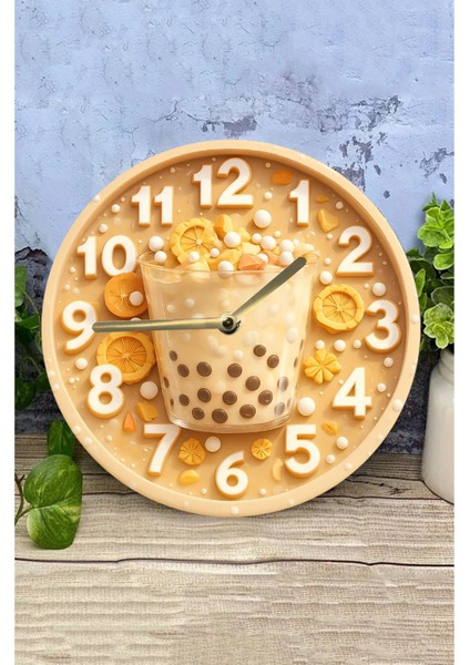 Ahşap Yuvarlak Duvar Saati, Sessiz Kuvars Tasarım, Bubble Tea Temalı, Dekorasyon modelleri