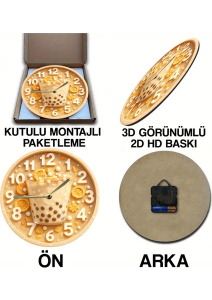 Ahşap Yuvarlak Duvar Saati, Sessiz Kuvars Tasarım, Bubble Tea Temalı, Dekorasyon fırsatları