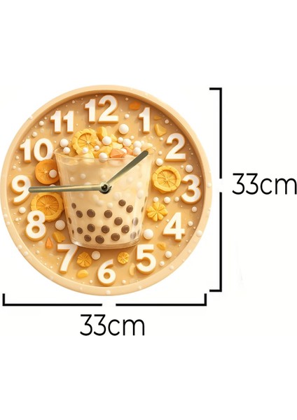 Ahşap Yuvarlak Duvar Saati, Sessiz Kuvars Tasarım, Bubble Tea Temalı, Dekorasyon indirimleri