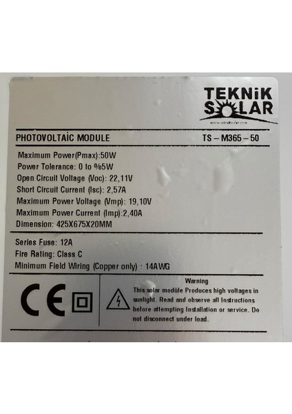 Tekniksolar Güneş Paneli 12 Volt 50 W Mono Kristal 42.5X67.5 cm fiyatları