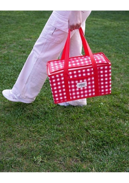 Kırmızı Termo Lüks Piknik Çantası Kırmızı Ekoseli 35 x 20 x 20 cm 25-29,9 L Tr
