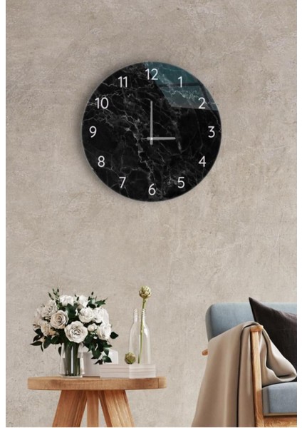 Cam Duvar Saati, Sessiz Akış, Siyah Mermer, 37 cm Çap, Şık Tasarım